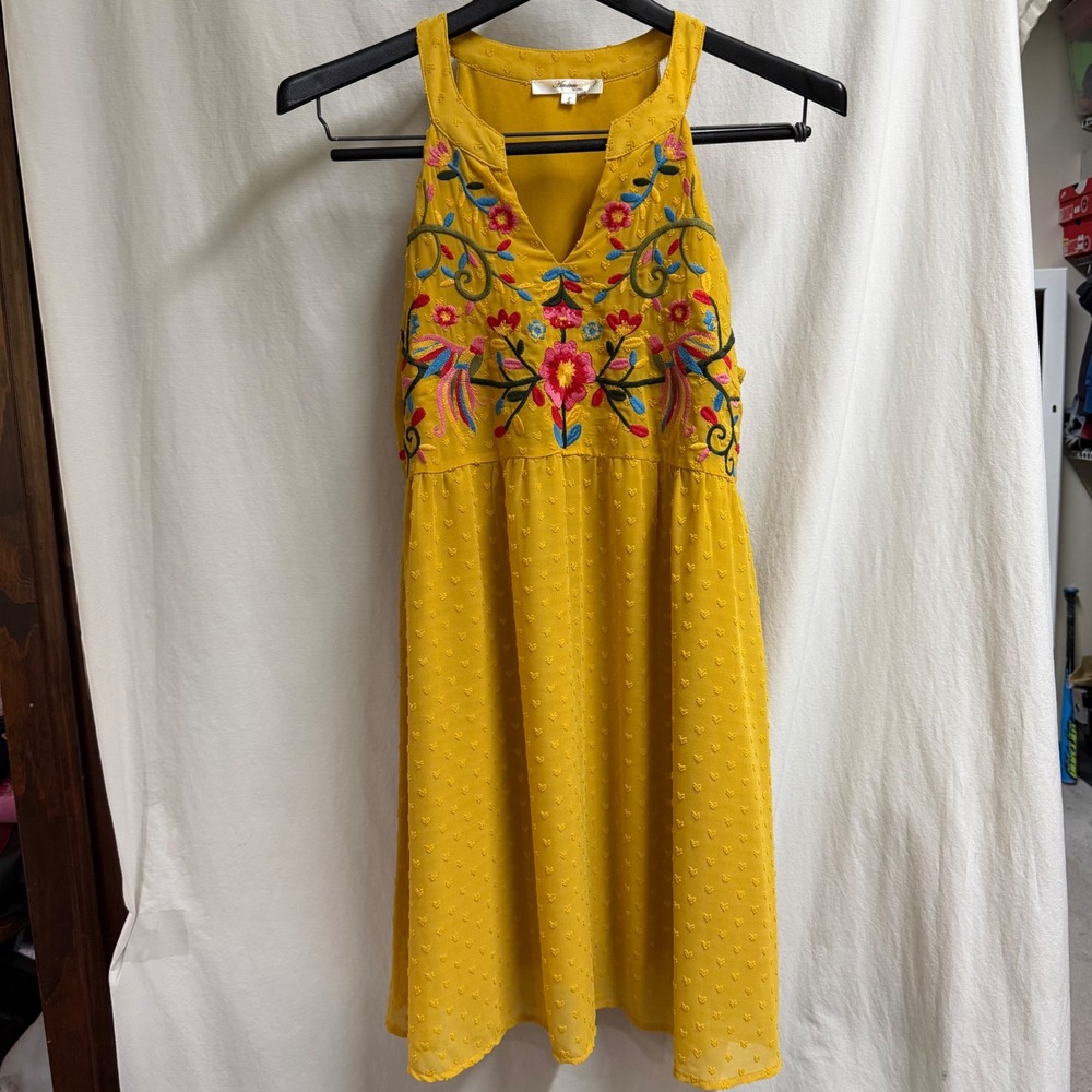 Andree by Unit Mustard Yellow Embroidered Floral Bird Clip Dot Dress Small